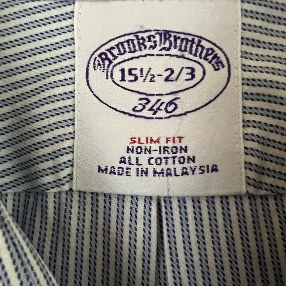 Brooks Brothers 346 Slim Fit Non-Iron Shirt - Blue Striped, Size 15 1/2 - 2/3 - Picture 2 of 2